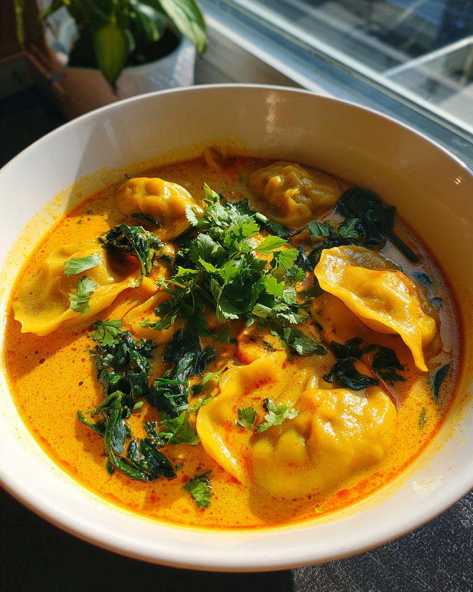 A vibrant bowl of quick coconut curry soup with dumplings, spinach, and fresh cilantro garnish.