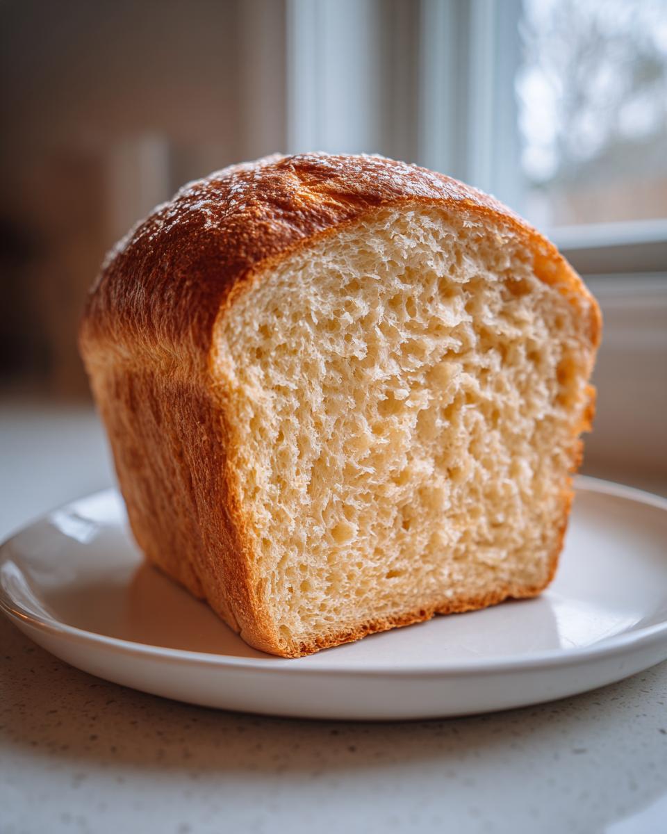 Close-up of a freshly baked loaf of soft yeast bread, showing the fluffy interior crumb on a white plate.