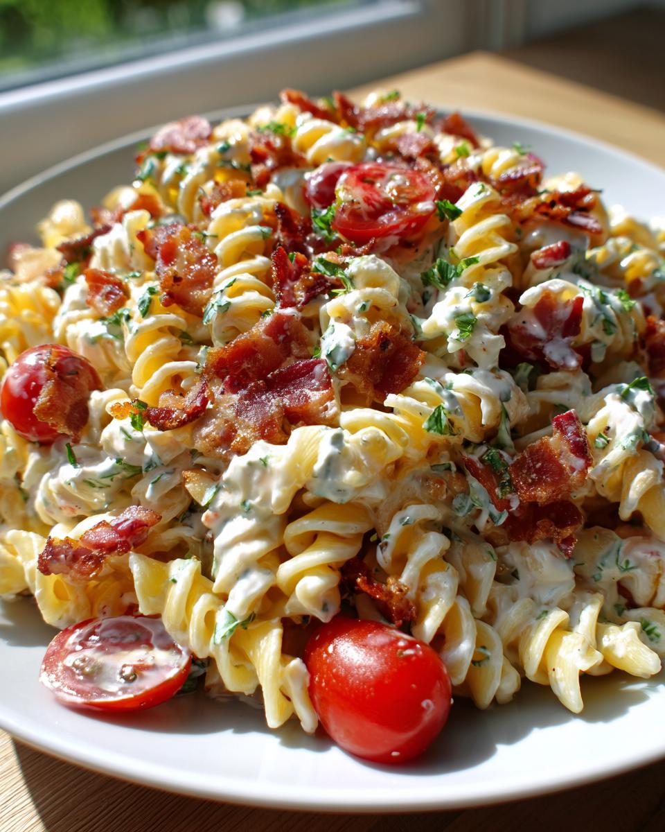 A close-up of creamy ranch blt pasta salad featuring rotini pasta, crispy bacon, and cherry tomatoes.