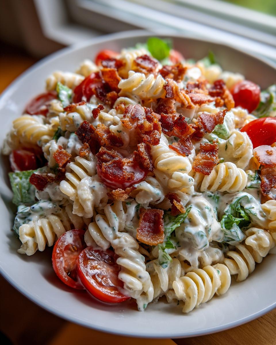Close-up of a bowl of ranch blt pasta salad featuring rotini pasta, creamy dressing, bacon bits, and halved cherry tomatoes.