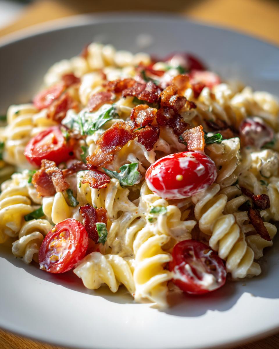 A close-up of a serving of ranch blt pasta salad featuring rotini pasta, creamy dressing, cherry tomatoes, and crispy bacon.