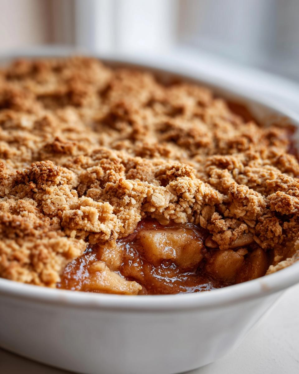 Close-up of a scoop taken out of a baked rhubarb crisp, showing bubbling fruit filling under a thick, golden brown oat topping.