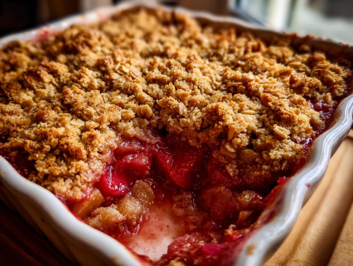 Close-up of a freshly baked rhubarb crisp with crumble topping, showing bubbling red fruit filling.
