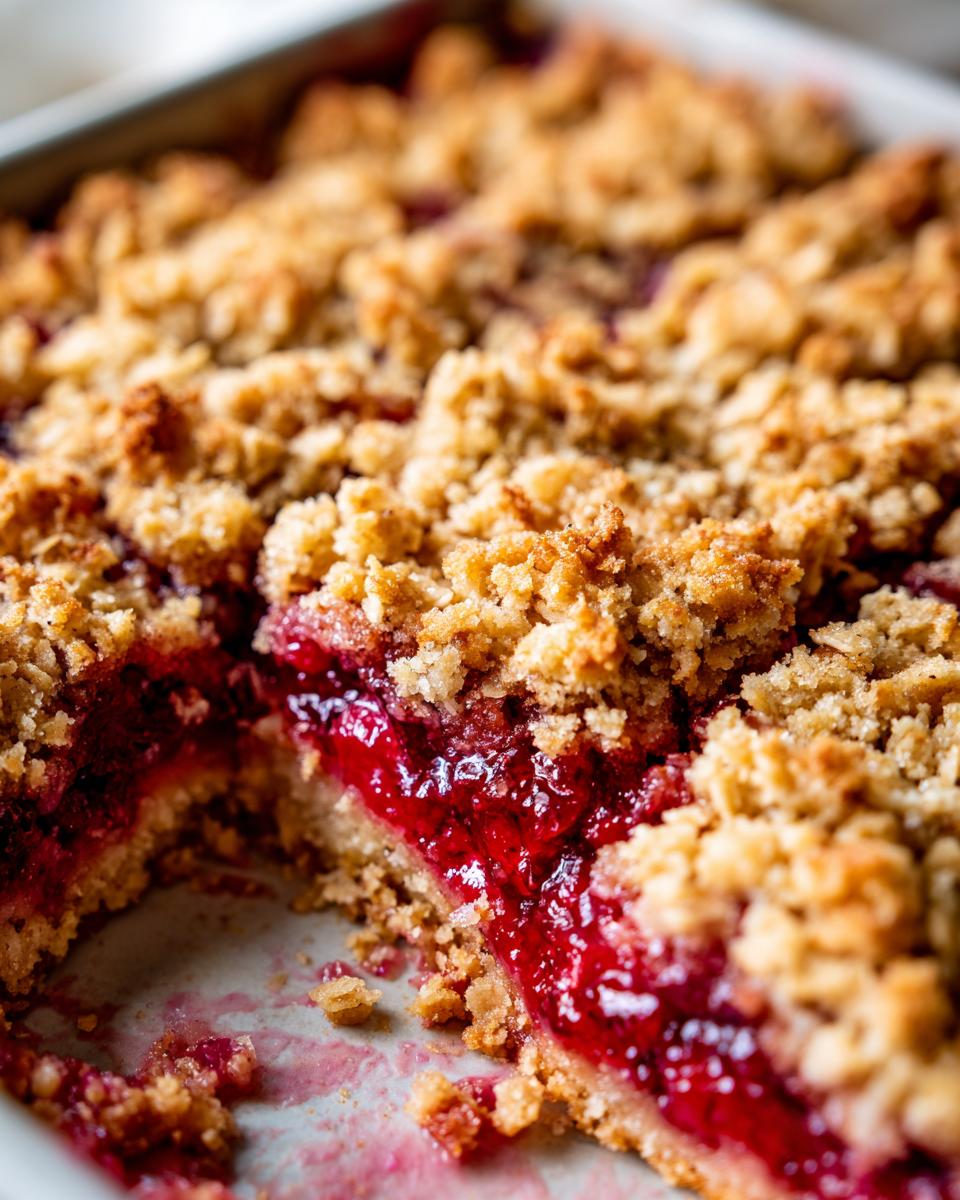 A close-up view of a freshly baked rhubarb crisp with crumble topping, showing the bright red filling where a piece has been removed.