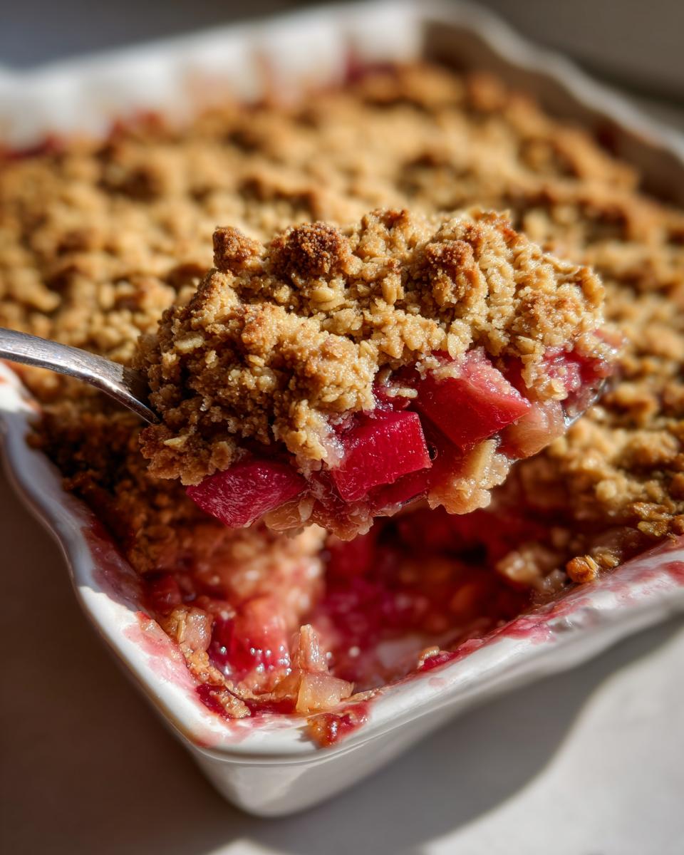 A spoonful of warm rhubarb crisp with crumble topping being lifted from a white baking dish.