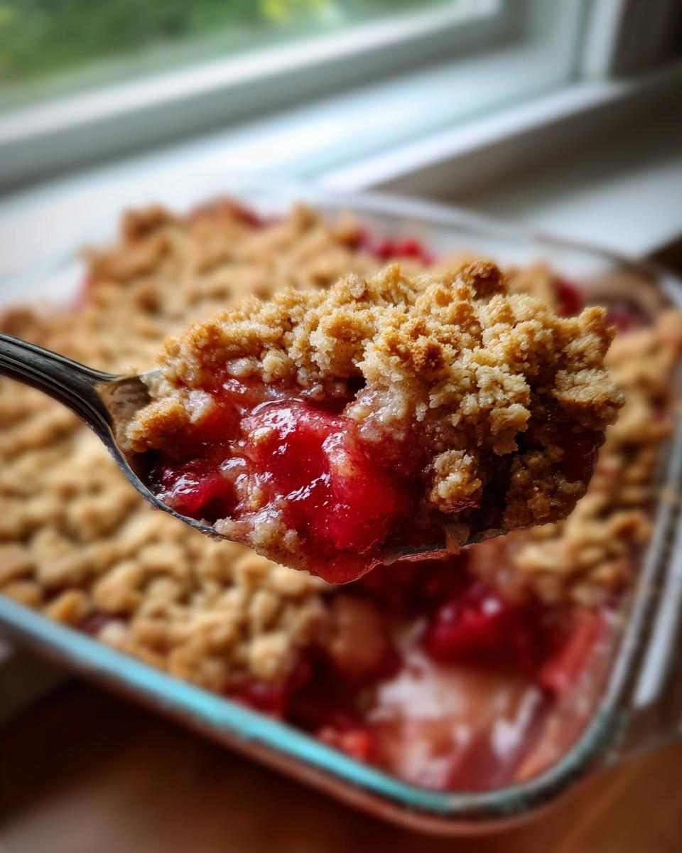 A spoonful of warm rhubarb crisp with crumble topping being lifted from the baking dish.