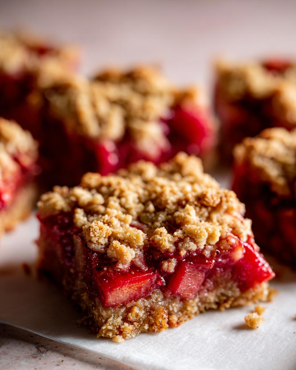 A close-up, macro shot of a square serving of rhubarb crisp with crumble topping, showing bright red rhubarb filling.
