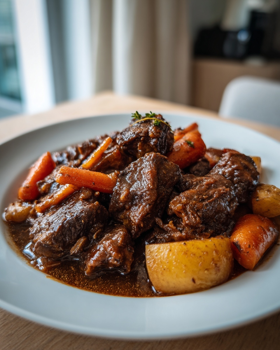 Close-up of rich brown stew chicken jamaican crock pot style meat chunks with carrots and potatoes on a white plate.