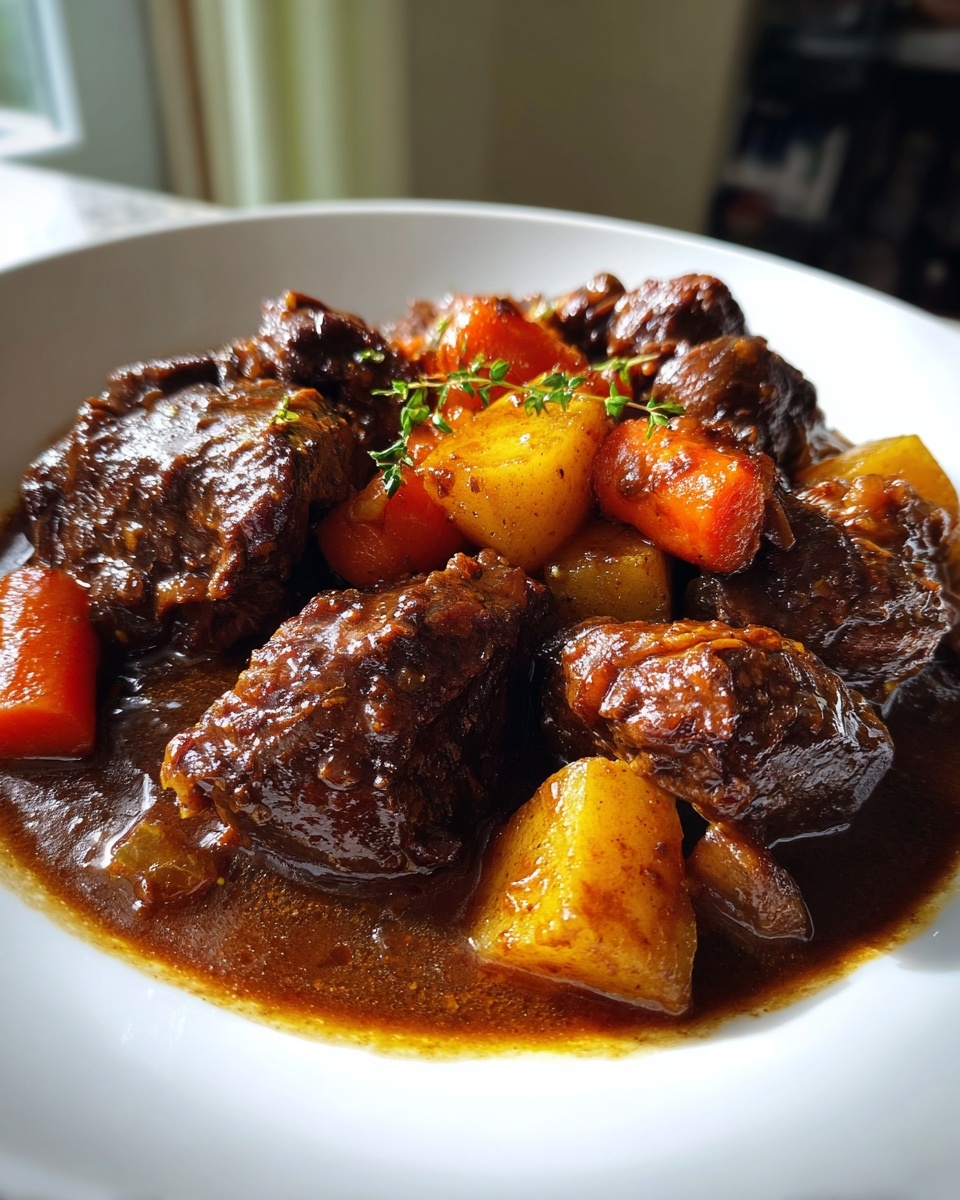Close-up of rich, dark brown stew with chunks of meat, potatoes, and carrots, garnished with thyme.