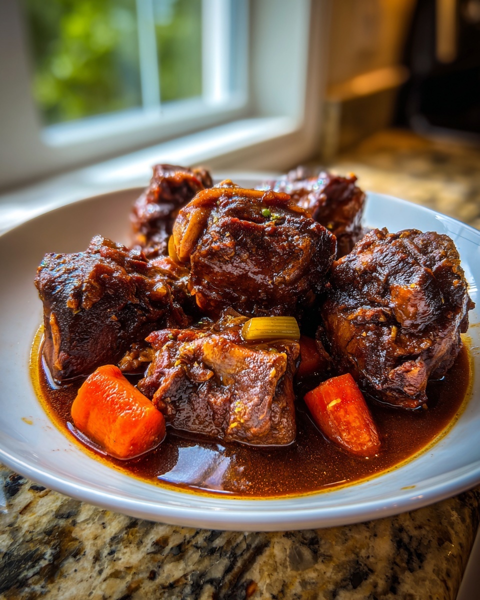 Close-up of rich, dark brown stewed meat pieces with carrots in a savory sauce, similar to trinidad brown stew chicken.