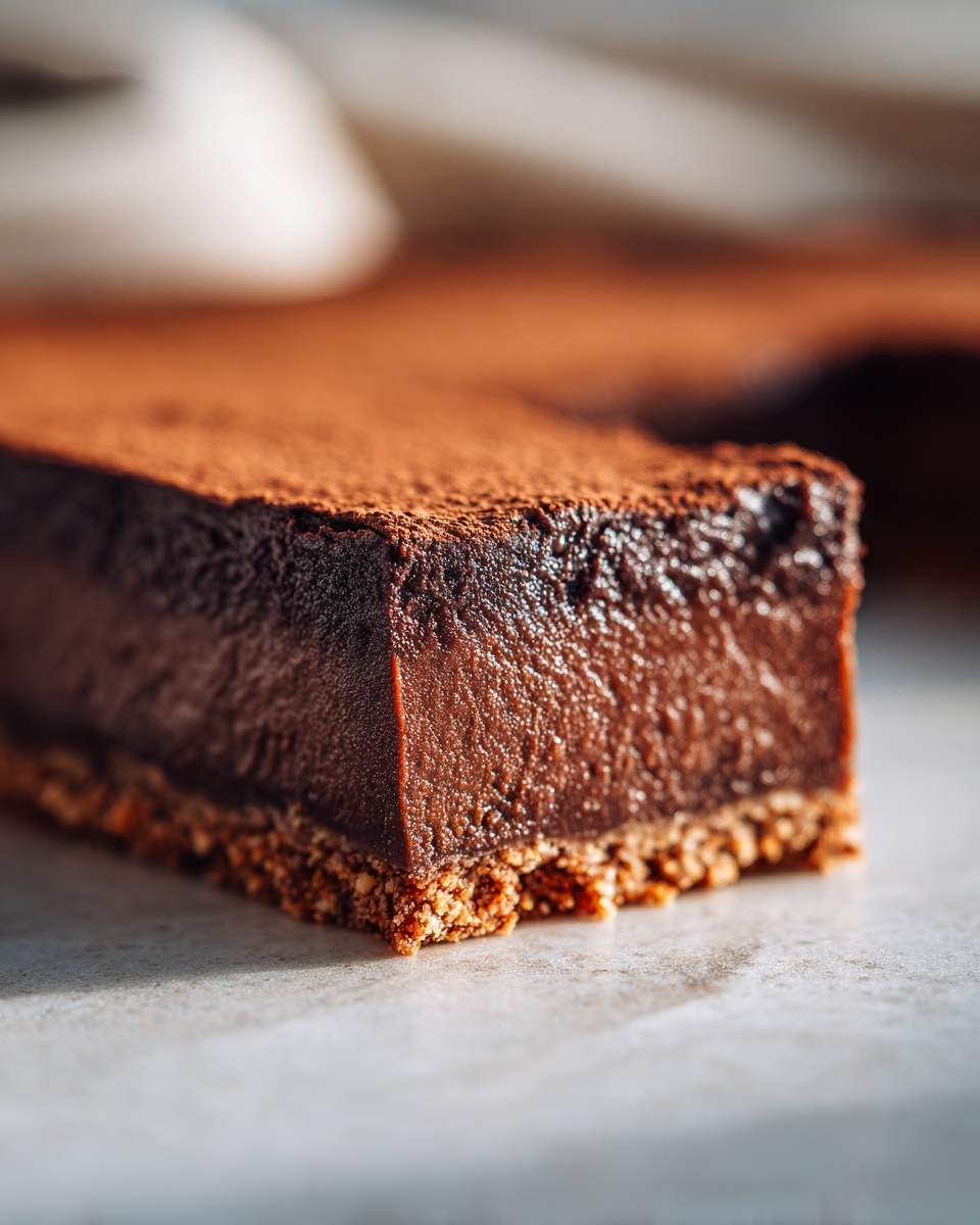 Close-up of a thick, fudgy chocolate cheesecake bars slice with a crumbly crust, dusted with cocoa powder.