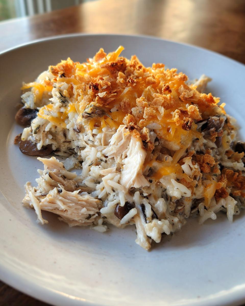 A close-up serving of rotisserie chicken wild rice casserole topped with melted cheddar cheese and crispy breadcrumbs.