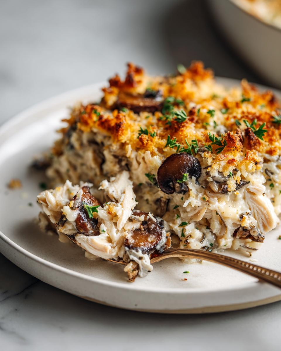 A spoonful of creamy rotisserie chicken wild rice casserole with mushrooms and a crispy topping.