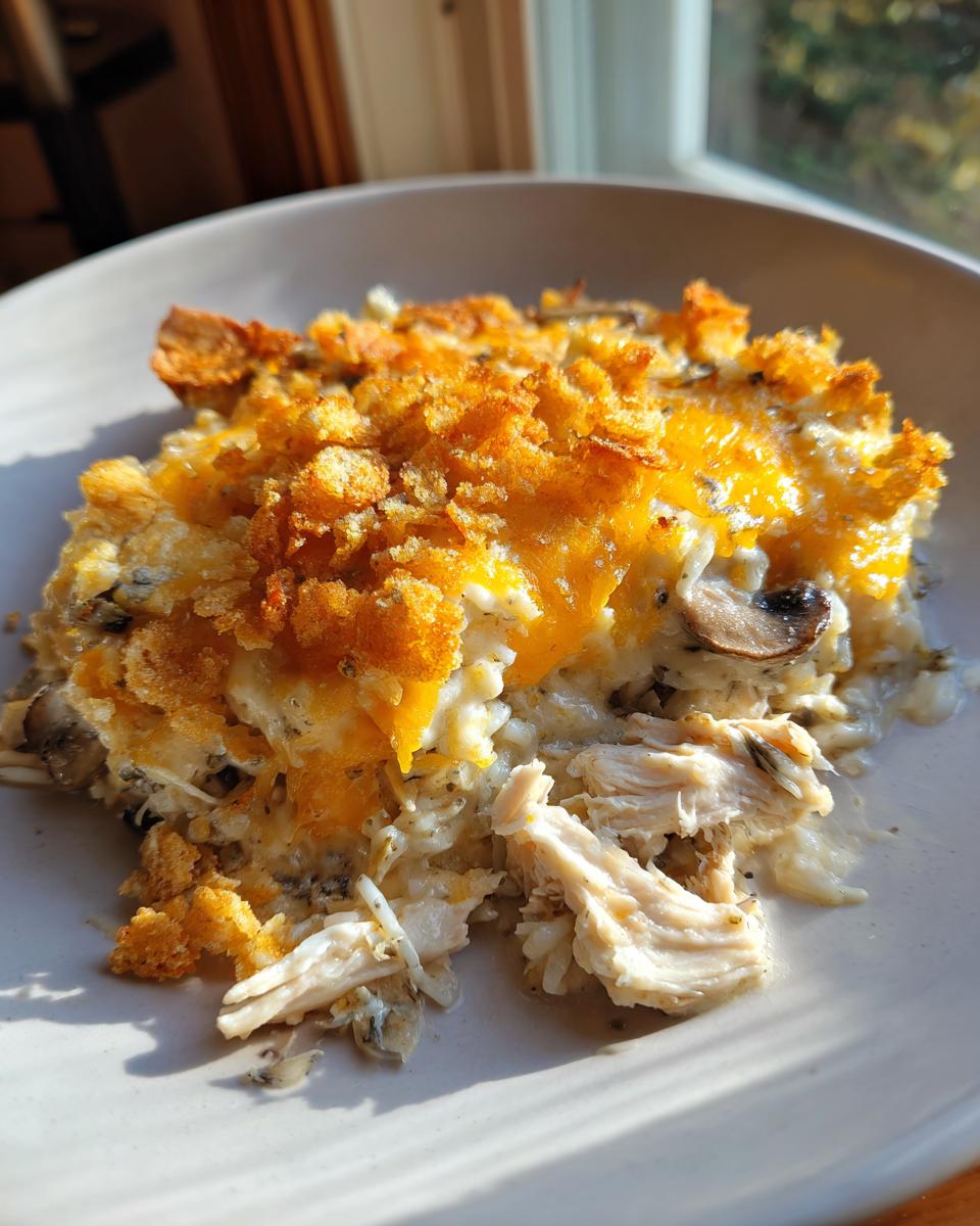 A serving of creamy rotisserie chicken wild rice casserole topped with melted cheddar and crispy breadcrumbs.