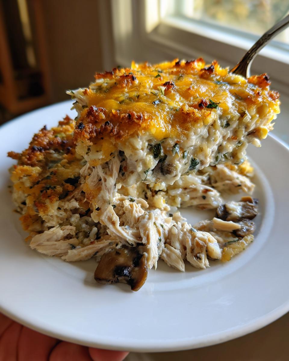 A serving of creamy rotisserie chicken wild rice casserole being lifted with a fork, showing shredded chicken and a cheesy, browned top.