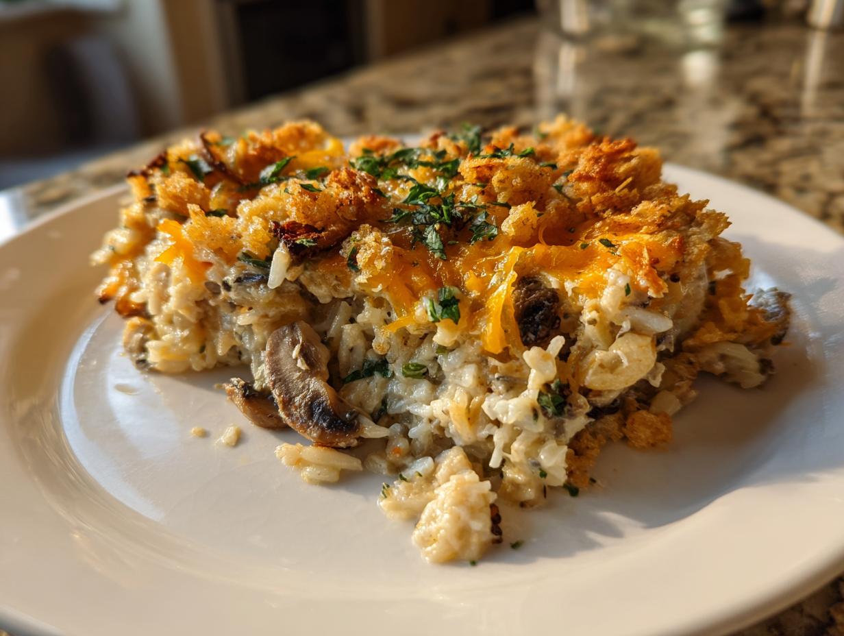 A close-up serving of creamy rotisserie chicken wild rice casserole topped with melted cheese and crunchy breadcrumbs.