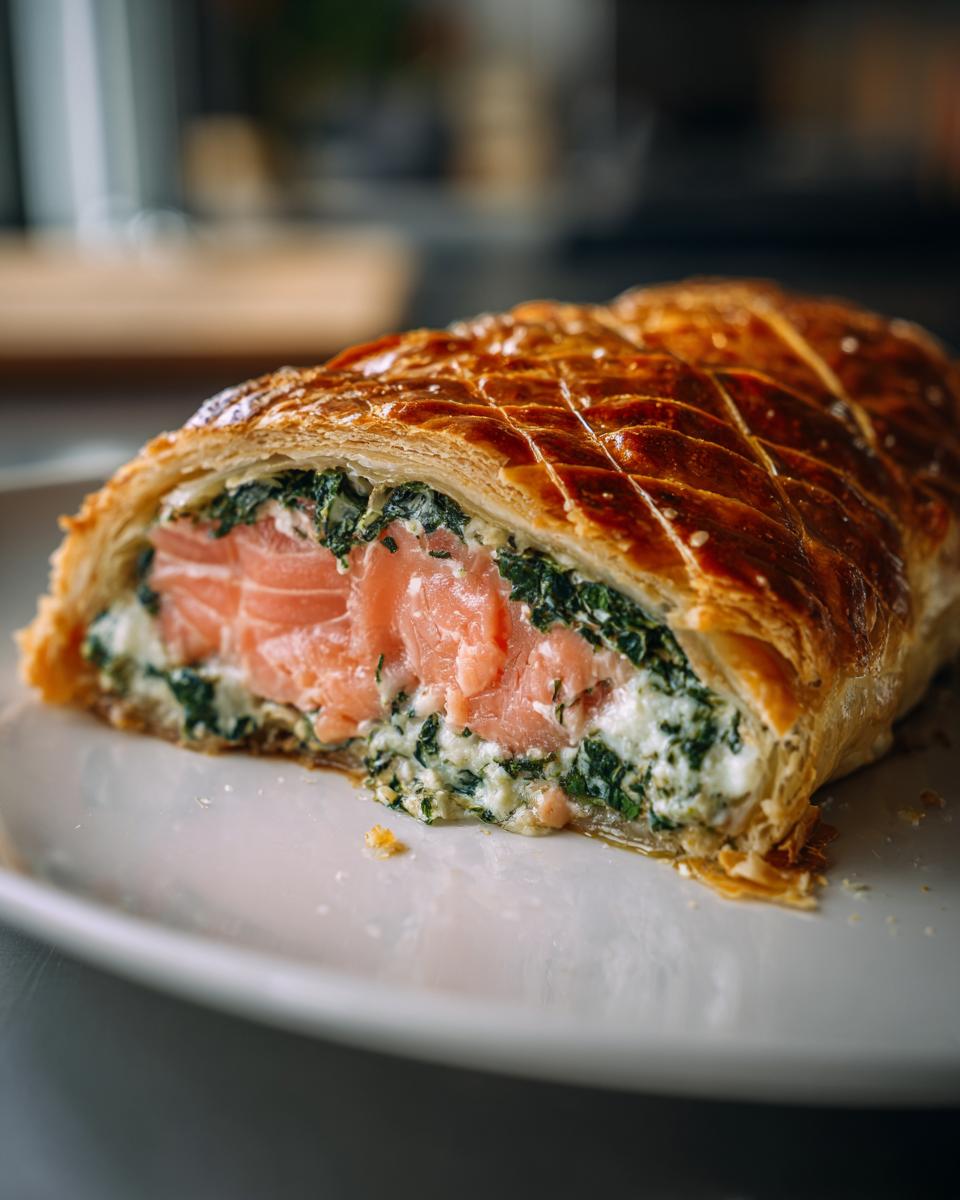 Close-up of a slice of salmon wellington showing flaky pastry, pink salmon, and spinach filling.
