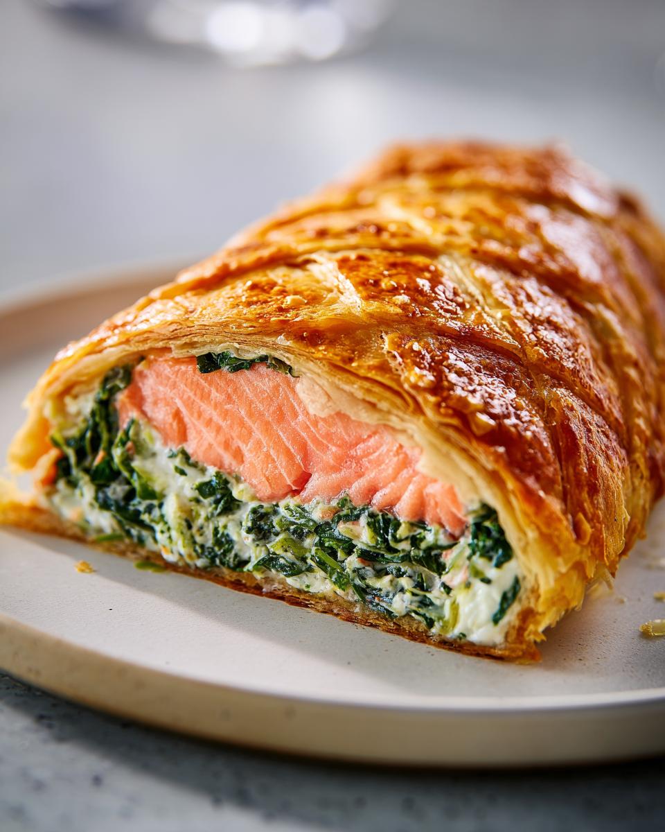 Close-up of a slice of salmon wellington showing flaky pastry, pink salmon, and creamy spinach filling.