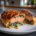 A cross-section of a golden-crusted salmon wellington showing flaky pastry, pink salmon, and creamy spinach filling.