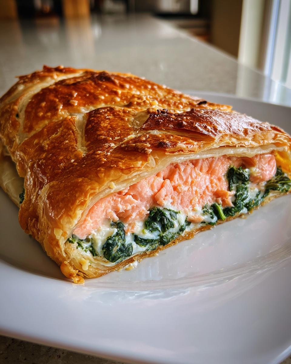A cross-section slice of golden brown Salmon Wellington showing perfectly cooked salmon and creamy spinach filling.