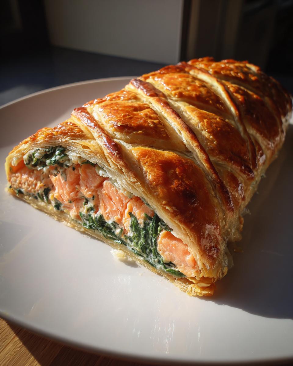 A cross-section slice of golden brown Salmon Wellington showing flaky pastry, pink salmon, and creamy spinach filling.