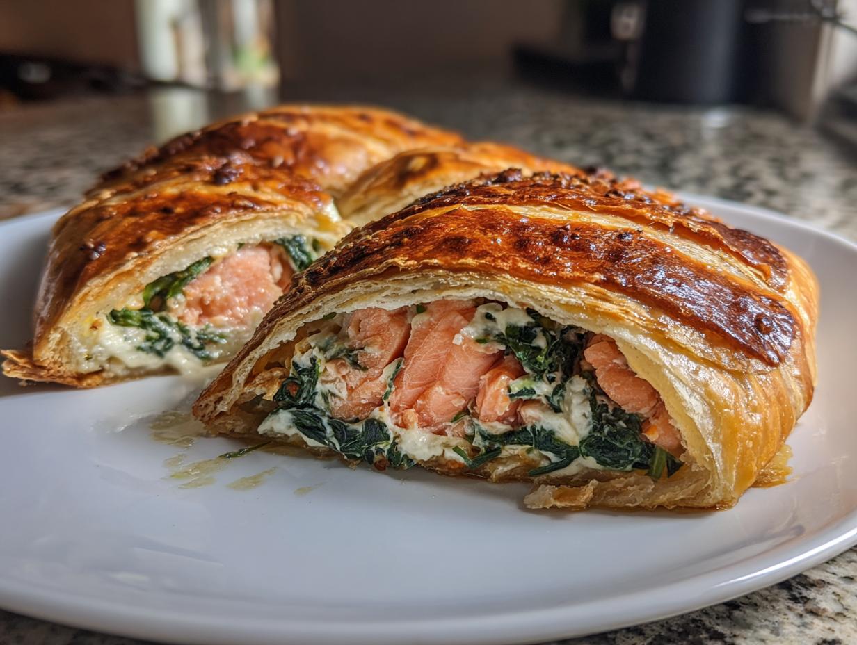 Close-up of a slice of golden brown Salmon Wellington revealing pink salmon, spinach, and creamy filling inside flaky pastry.