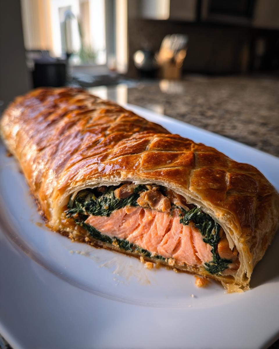 A golden-brown salmon wellington recipe puff pastries, sliced open to show the pink salmon and spinach filling.