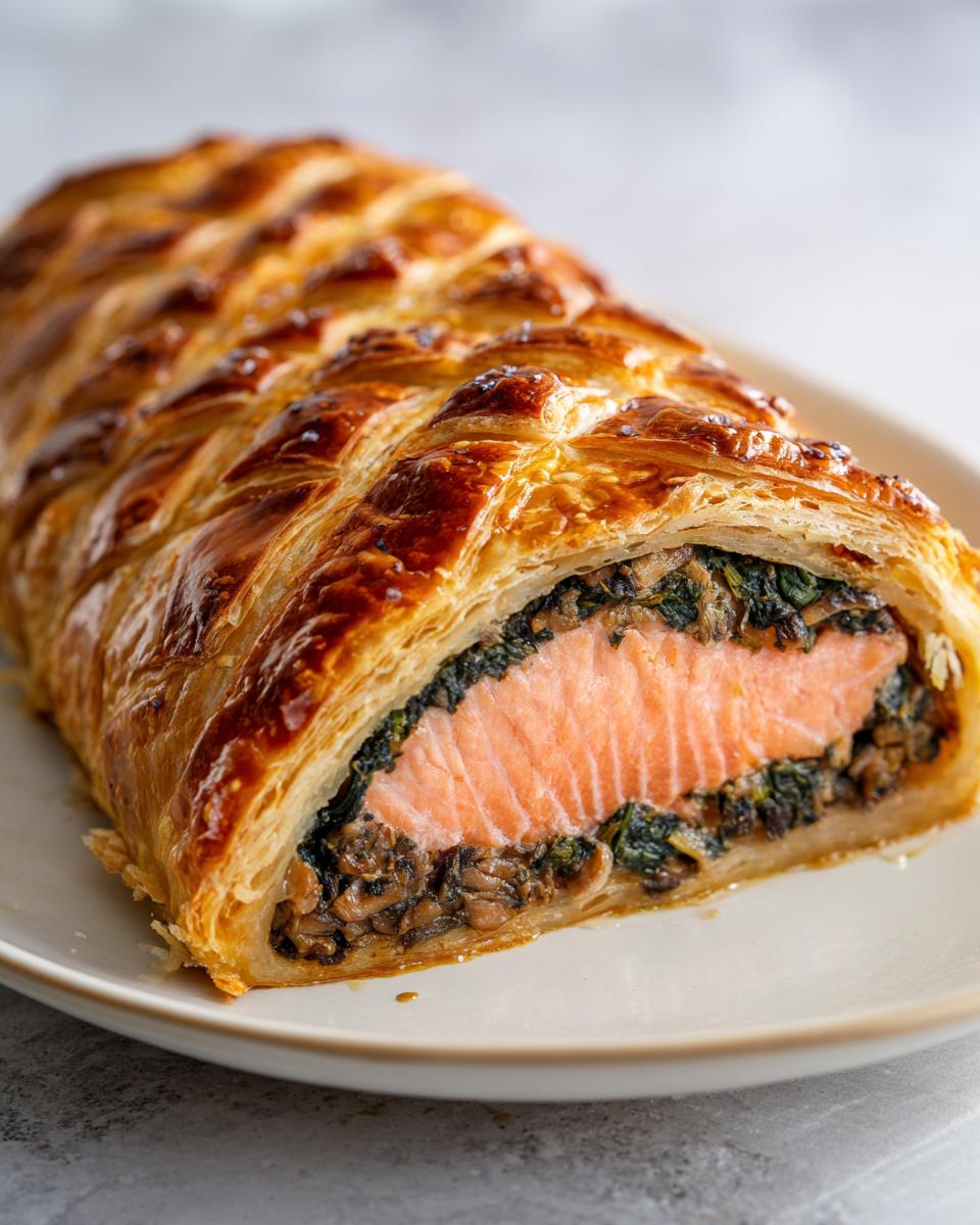 A cross-section view of a perfectly baked salmon wellington recipe puff pastries showing flaky pastry, salmon, and mushroom/spinach filling.