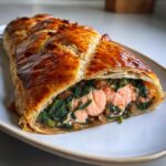 A cross-section slice of salmon wellington recipe puff pastries showing flaky golden crust, pink salmon, and spinach filling.