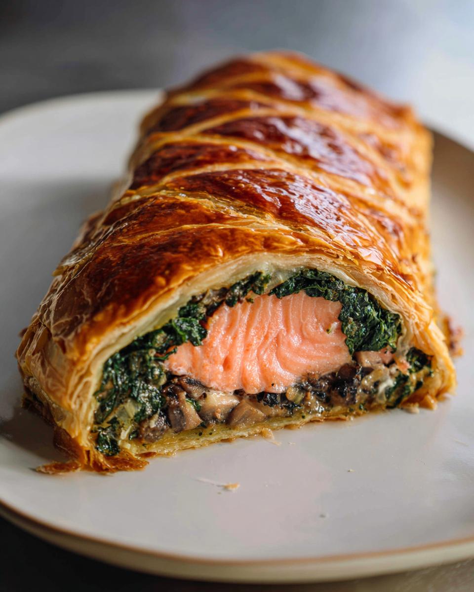 A slice of salmon wellington recipe puff pastries showing a center of pink salmon, spinach, and mushrooms wrapped in golden pastry.
