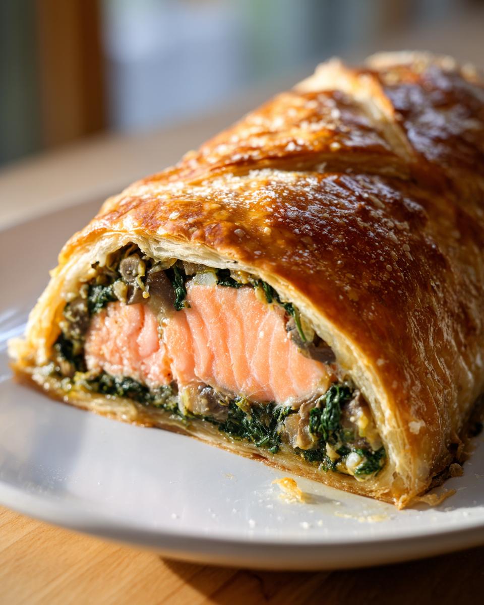 Close-up of a slice of salmon wellington recipe puff pastries showing flaky crust and bright pink salmon.