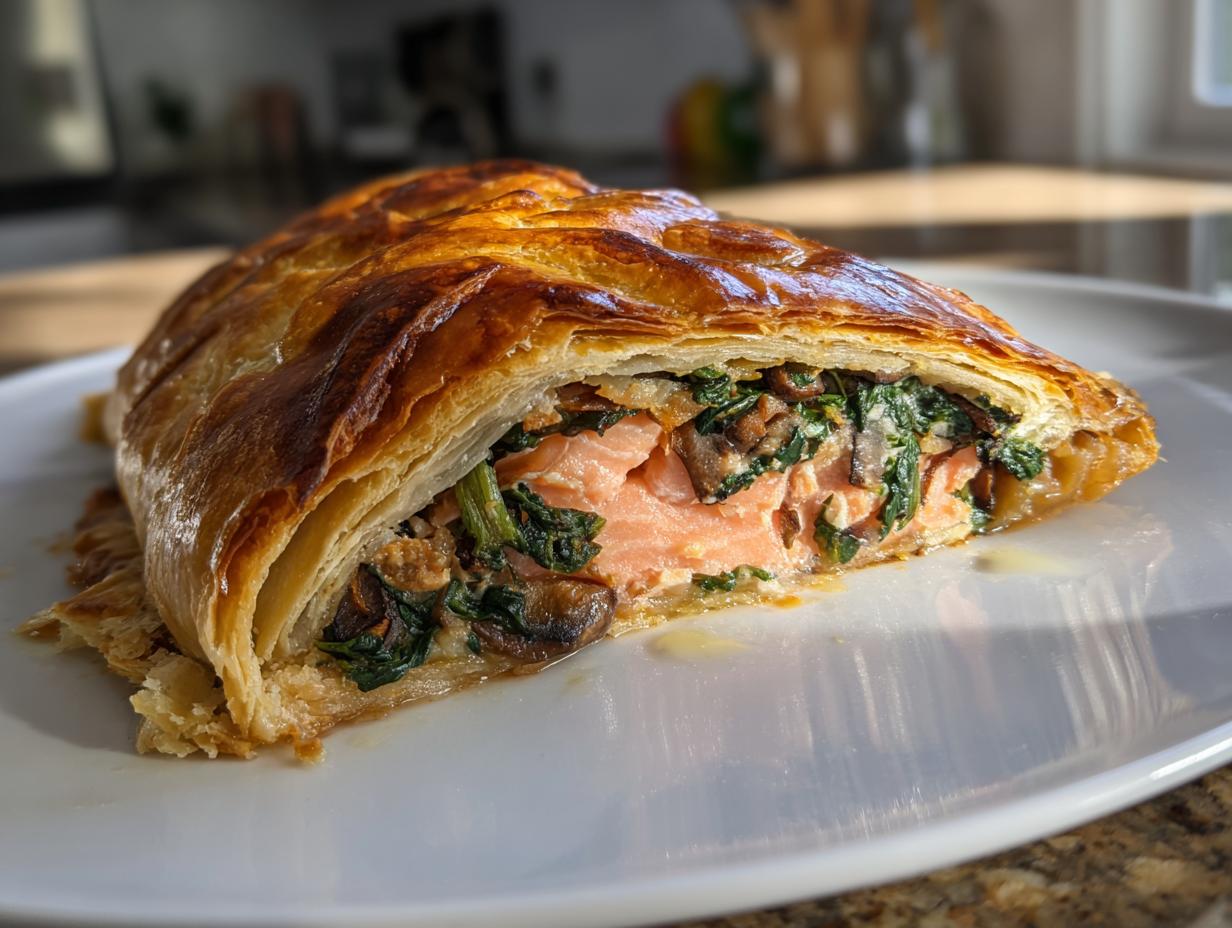 Close-up of a slice of salmon wellington recipe puff pastries showing flaky crust, pink salmon, spinach, and mushrooms.