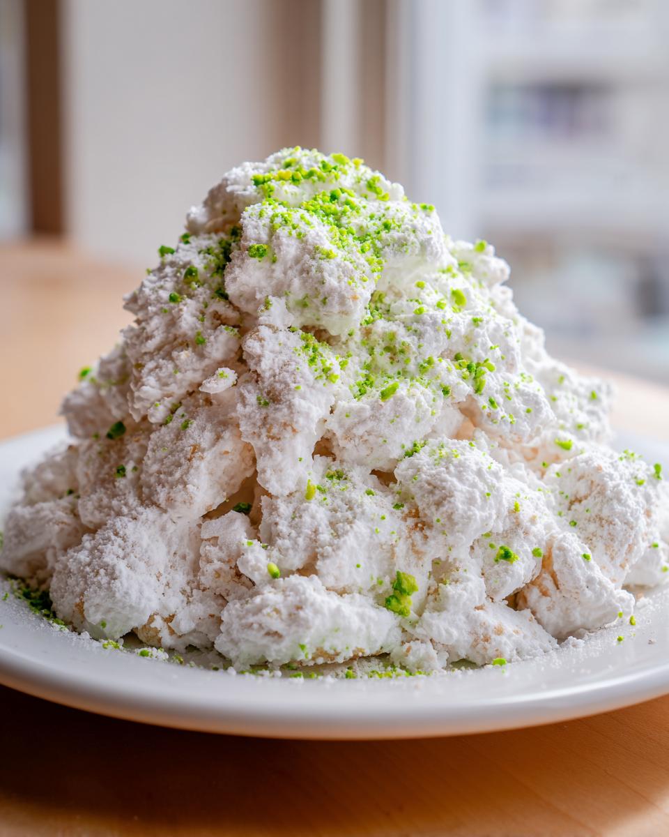 A large mound of salted maple butter pistachio puppy chow heavily coated in powdered sugar and green pistachio dust.