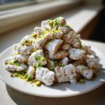 A mound of salted maple butter pistachio puppy chow heavily coated in powdered sugar and topped with crushed green pistachios.