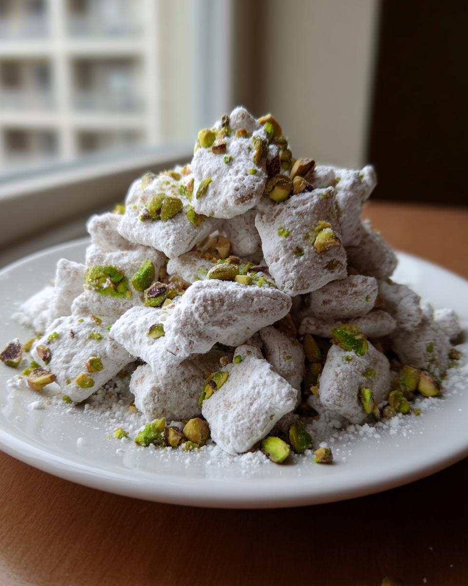 A mound of salted maple butter pistachio puppy chow coated in powdered sugar and topped with chopped pistachios.