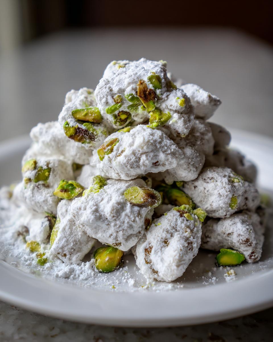 A mound of salted maple butter pistachio puppy chow heavily coated in powdered sugar and studded with green pistachios.