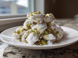A mound of salted maple butter pistachio puppy chow coated in powdered sugar and topped with chopped pistachios.