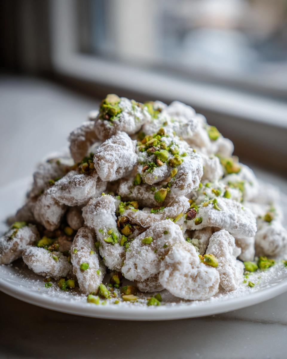 A mound of salted maple butter pistachio puppy chow heavily dusted with powdered sugar and topped with chopped green pistachios.