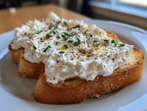 Two slices of golden toasted bread topped high with fluffy savory cottage cheese toast, everything bagel seasoning, and fresh chives.