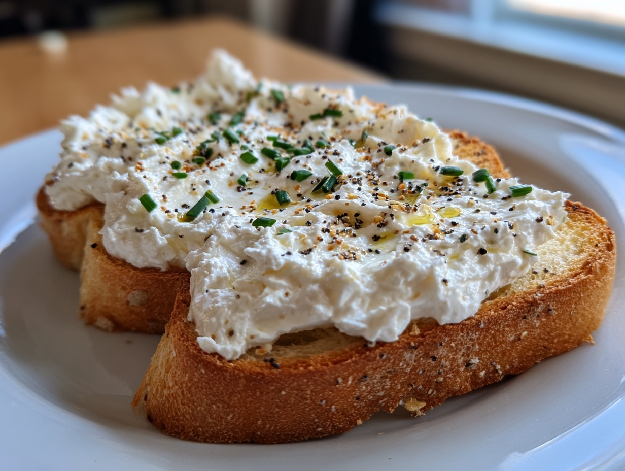 Two slices of golden toasted bread topped high with fluffy savory cottage cheese toast, everything bagel seasoning, and fresh chives.