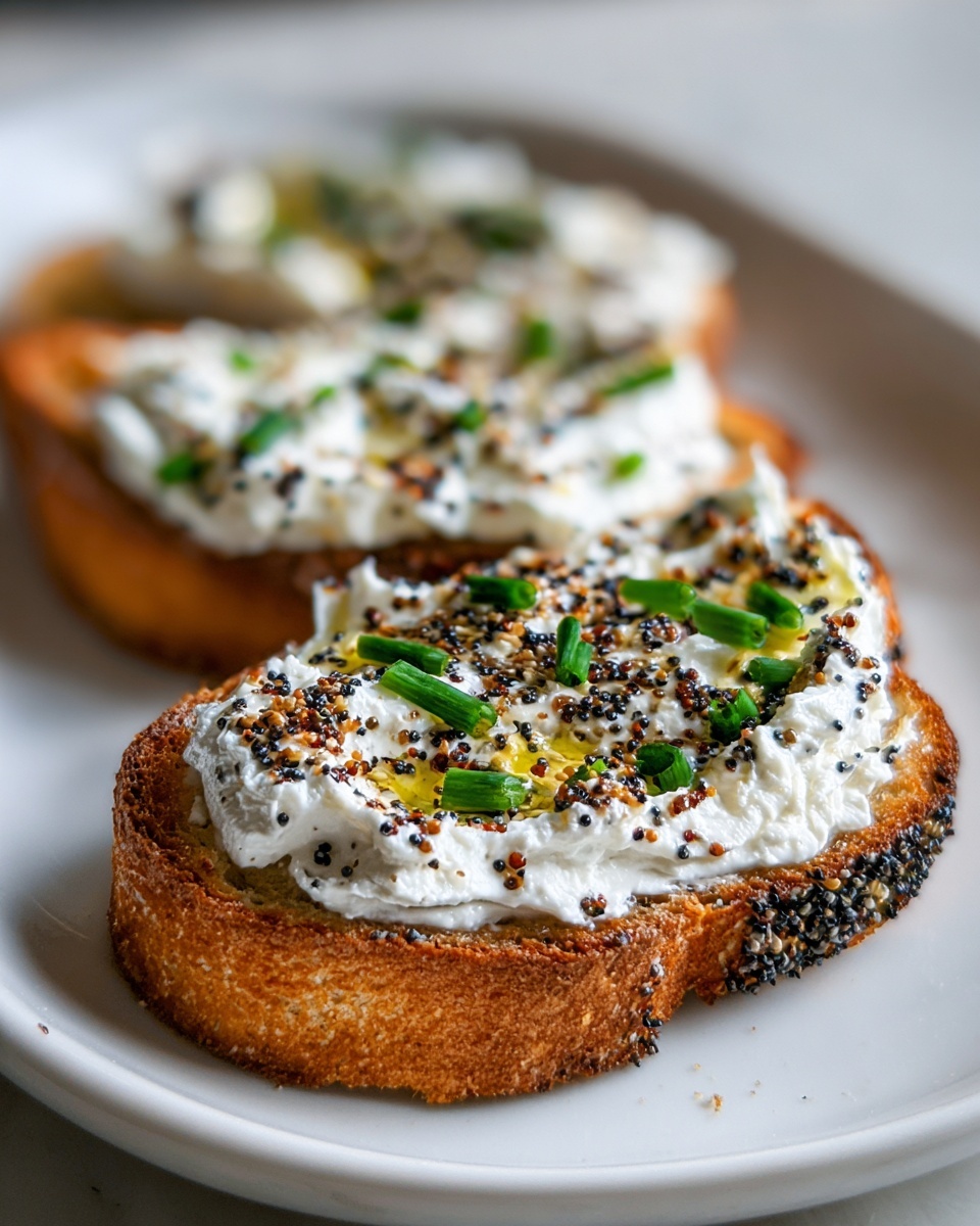 Close-up of savory cottage cheese toast topped with everything bagel seasoning and chives.