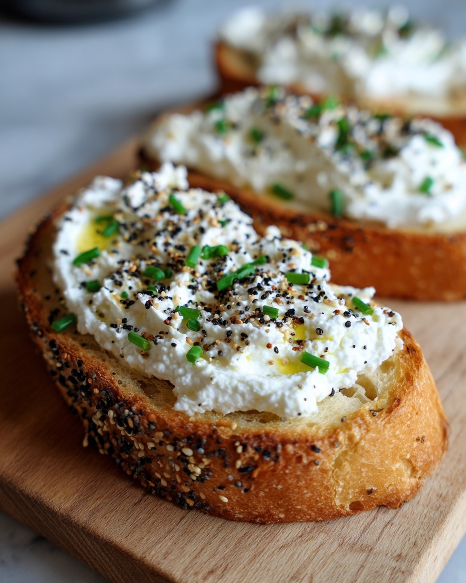 Close-up of savory cottage cheese toast topped with everything bagel seasoning and chives on a wooden board.