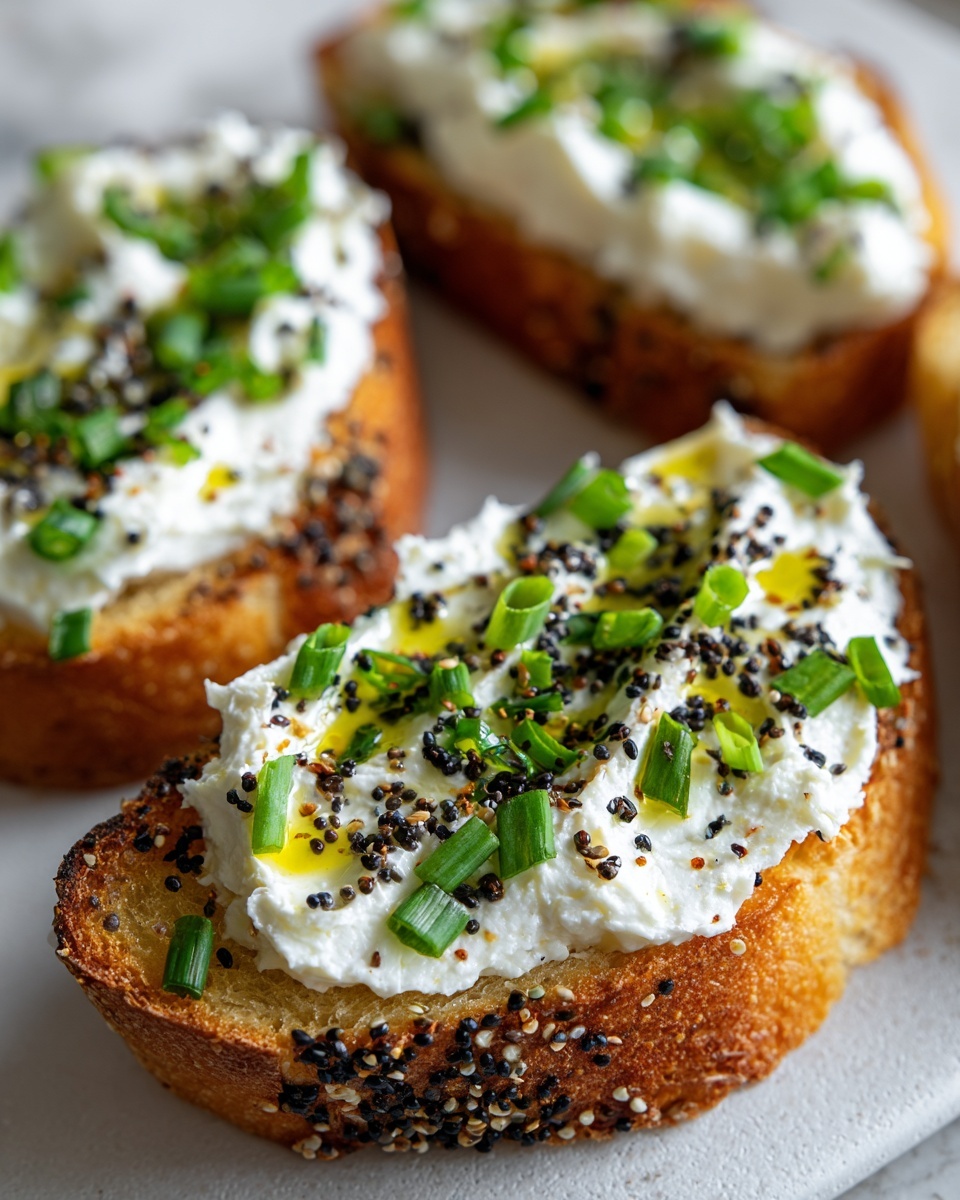 Close-up of savory cottage cheese toast topped with everything bagel seasoning, chives, and olive oil.