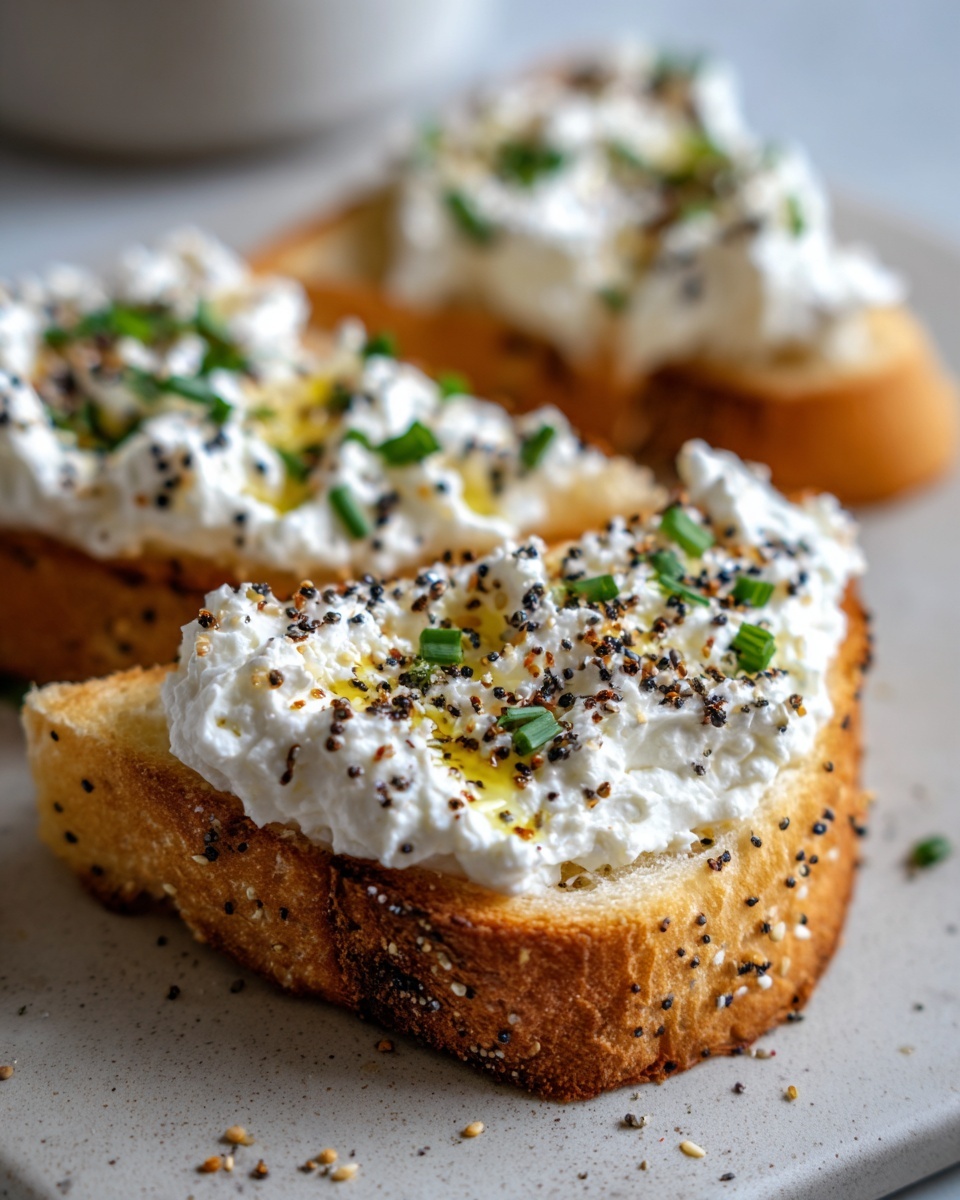Close-up of thick, toasted bread topped generously with savory cottage cheese toast, everything bagel seasoning, chives, and olive oil.