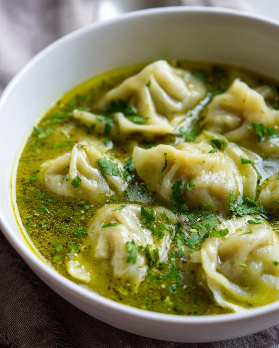 Close-up of savory thai coconut curry dumpling soup featuring plump dumplings in a vibrant green broth, garnished with cilantro.