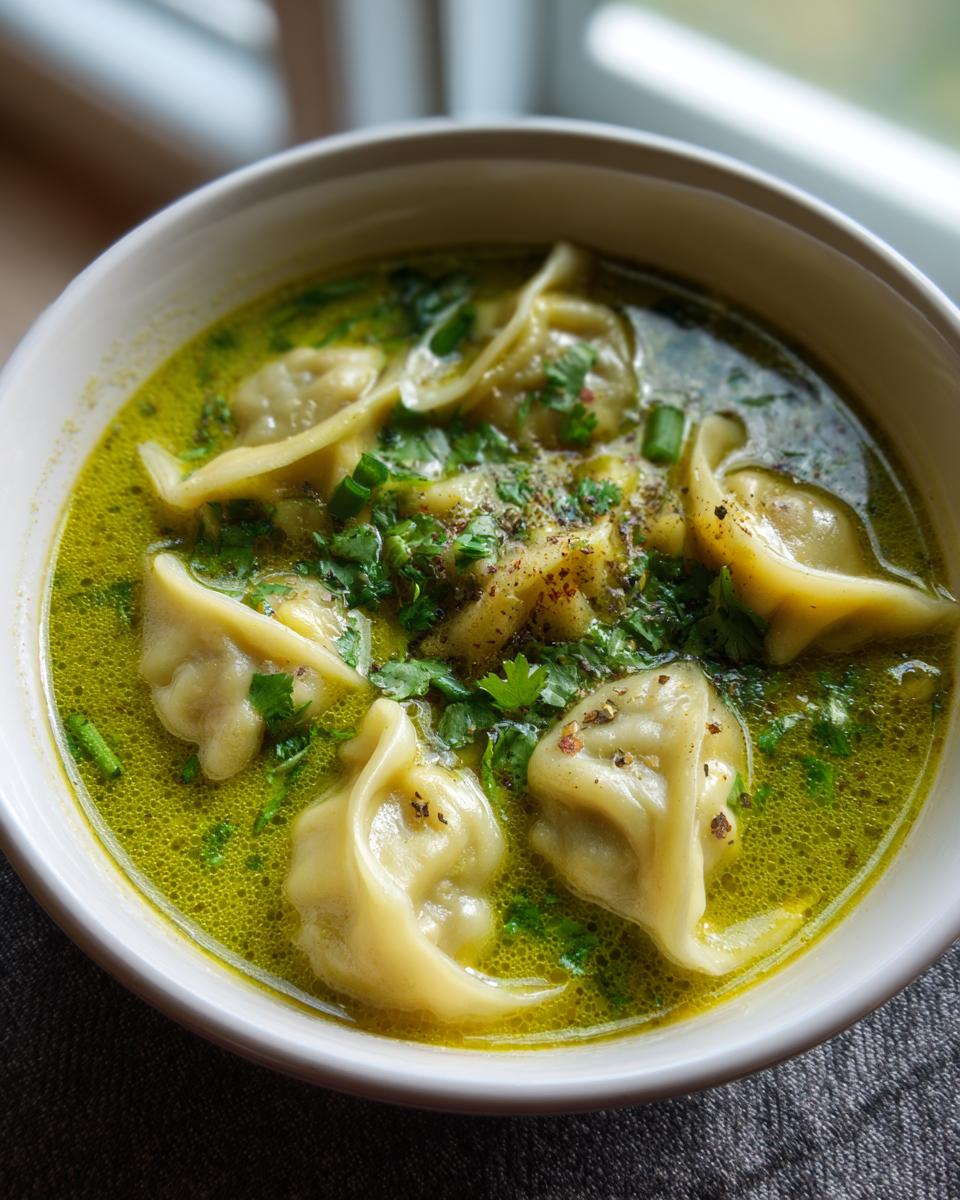 Close-up of savory thai coconut curry dumpling soup with dumplings and fresh cilantro.