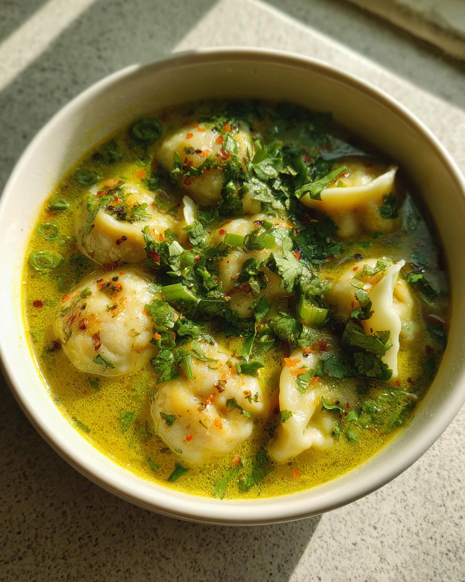 Close-up of savory thai coconut curry dumpling soup, featuring dumplings in a yellow broth topped with fresh cilantro.