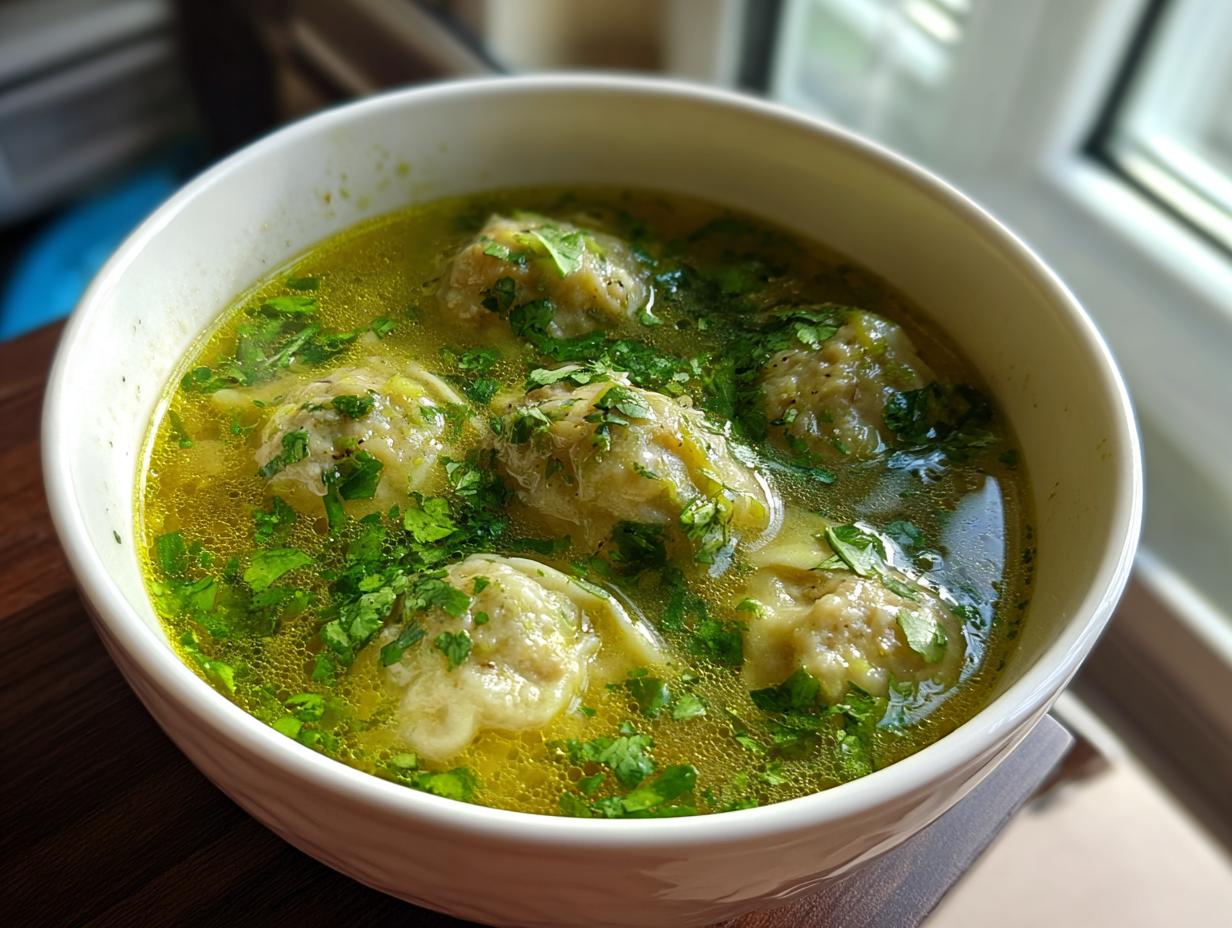 Close-up of savory thai coconut curry dumpling soup featuring dumplings floating in yellow broth topped with fresh cilantro.