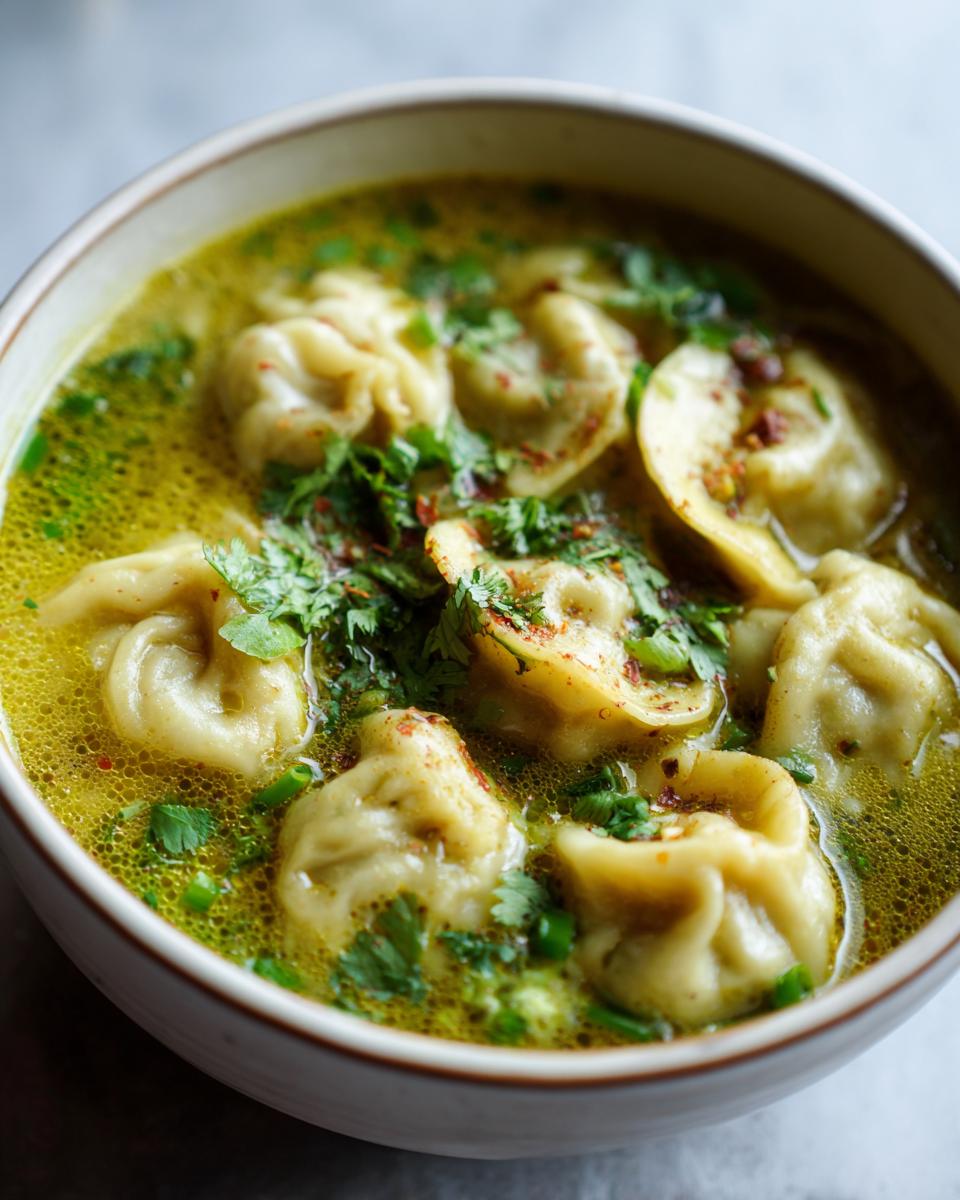 Close-up of savory thai coconut curry dumpling soup with dumplings, yellow broth, and fresh cilantro garnish.