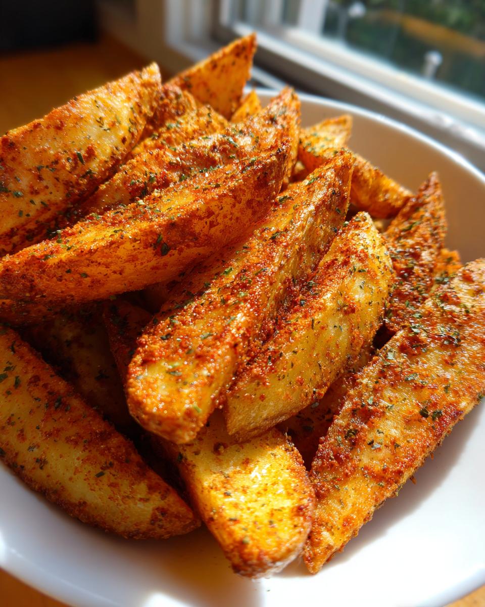 A close-up shot of golden brown seasoned potato wedges heavily coated in spices, served in a white bowl.